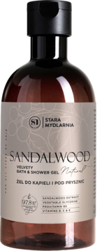 Brązowa butelka Sandalwood Velvety Bath & Shower Gel Stara Mydlarnia, widok z przodu, etykieta 97.8% natural.