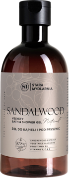 Brązowa butelka Sandalwood Velvety Bath & Shower Gel Stara Mydlarnia, widok z przodu, etykieta 97.8% natural.