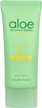 Holika Holika Aloe Sun Gel SPF 50+, jasnozielona tubka z aloesem, wodoodporny do twarzy i ciała.
