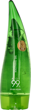 Holika Holika Aloe 99% Soothing Gel w zielonej, liściastej butelce, nawilżający żel aloesowy, widok z przodu.