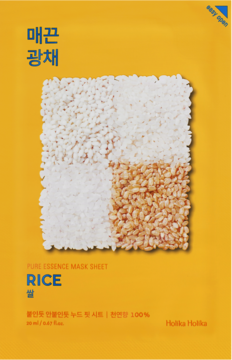 Holika Holika Pure Essence Mask Sheet Rice, żółta saszetka z grafiką ziaren ryżu, widok z przodu.