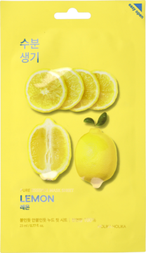 Żółta maseczka w płachcie Holika Holika Pure Essence Lemon, z grafiką cytryn, widok z przodu opakowania.