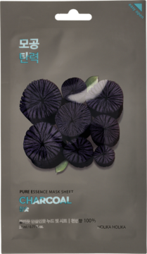 Holika Holika Pure Essence Mask Sheet Charcoal w szarej saszetce z grafiką węgla, widok z przodu.