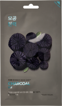 Holika Holika Pure Essence Mask Sheet Charcoal w szarej saszetce z grafiką węgla, widok z przodu.