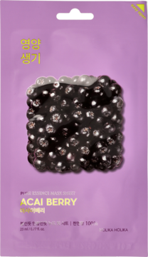 Fioletowa odżywcza maseczka Holika Holika Acai Berry w płachcie, z lśniącymi jagodami, widok z przodu.