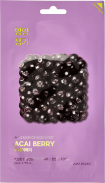 Fioletowa odżywcza maseczka Holika Holika Acai Berry w płachcie, z lśniącymi jagodami, widok z przodu.