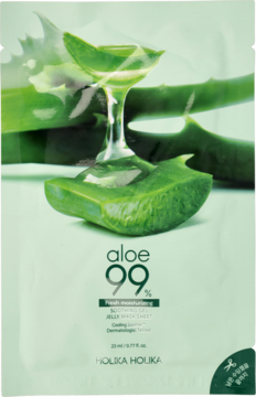 Maseczka Holika Holika 99% Aloe Soothing Gel Jelly w jasnozielonej saszetce z grafiką aloesu, widok z przodu.