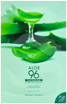 Jasnozielone opakowanie Holika Holika Aloe 96% Soothing Jelly Mask Sheet, z aloesem, widok z przodu.