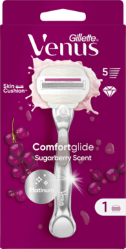 Gillette Venus Comfortglide Sugarberry Scent maszynka, fioletowe pudełko z 5 ostrzami i nawilżającym paskiem Olay, widok z przodu.