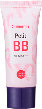 Holika Holika Shimmering Petit BB krem SPF 45 PA+++ w różowej tubce z fioletową nakrętką, widok z przodu.