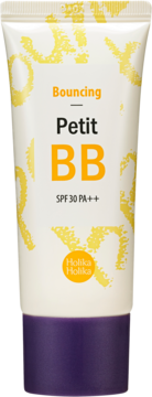 Holika Holika Bouncing Petit BB krem w białej tubce z fioletową zakrętką, SPF 30 PA++, widok z przodu.