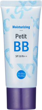 Biała tubka Holika Holika Petit BB Moisturizing SPF 30 PA++, niebieskie napisy i fioletowa zakrętka, widok z przodu.