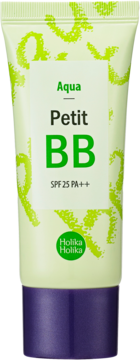 Lekki krem BB Holika Holika Aqua Petit SPF 25 PA++ w jasnozielonej tubce z fioletową zakrętką, widok z przodu.