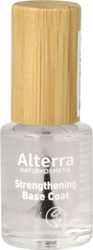 Przezroczysta butelka Alterra Naturkosmetik Strengthening Base Coat z drewnianą nakrętką, widok z przodu.
