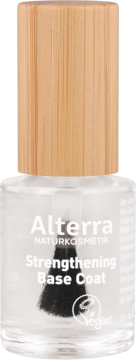 Alterra NATURKOSMETIK wzmacniająca baza do paznokci, naturalna. Szklana butelka z drewnianą nakrętką, widok z przodu.