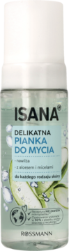 Isana Delikatna Pianka do Mycia z aloesem i micelami, przezroczysta butelka z zielonymi liśćmi aloesu, widok przodem.
