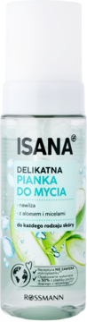 ISANA Delikatna Pianka Do Mycia z aloesem i micelami, przezroczysta butelka z błękitną etykietą, widok z przodu.