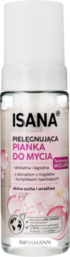 Isana Pianka do Mycia z migdałem, dla skóry suchej i wrażliwej, przezroczysta butelka z różową etykietą, z przodu.
