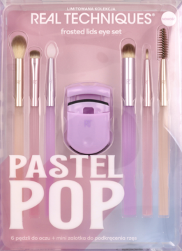 Zestaw Real Techniques Pastel Pop: 6 pastelowych pędzli do oczu i fioletowa zalotka, widok z przodu.