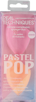 Real Techniques Pastel Pop Miracle Complexion Sponge Duo, dwie pastelowe gąbki, w przezroczystym opakowaniu.
