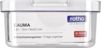 Przezroczysty organizer Rotho Cauma 1.2L na lodówkę, z etykietą "Fridge organizer", widok z przodu.