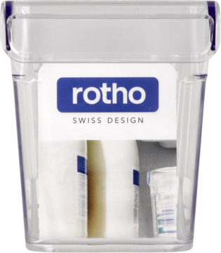 Organizer Rotho Loft Cooling 1.6L, pionowy, przezroczysty, z niebieskim logo 'rotho SWISS DESIGN', widok z przodu.