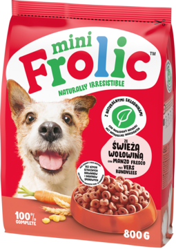 Czerwona torba karmy Frolic Małe Rasy z Wołowiną 800g, z wizerunkiem radosnego psa i miską karmy.