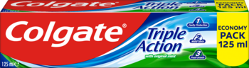 Pasta Colgate Triple Action 125 ml, czerwono-niebieska tubka, widok z przodu, dla świeżego oddechu i bielszych zębów.