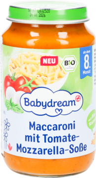 Słoik Babydream, makaron z sosem pomidor.-mozz., od 8. mies., z BIO olejem rzep., widok z przodu.