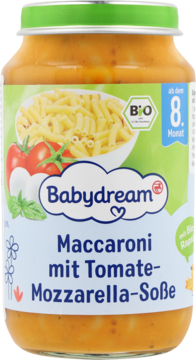 Babydream Makaron z sosem pomidorowo-mozzarellowym BIO w słoiczku, widok z przodu, dla dzieci od 8. miesiąca.