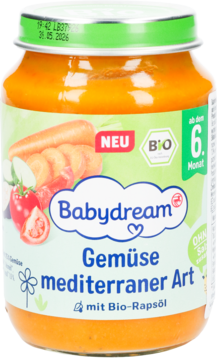 Słoiczek Babydream z pomarańczowym musem "Gemüse mediterraner Art" dla 6m+, z bio rzepakowym olejem, front.