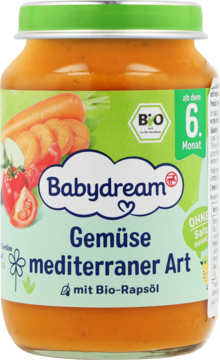 Słoiczek Babydream Warzywa śródziemnomorskie BIO z rzepakowym olejem, dla dzieci od 6. miesiąca, widok z przodu.