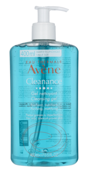 Avène Cleanance matujący żel oczyszczający 400ml w przezroczystej butelce z pompką, widok z przodu.