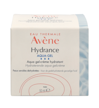 Avène Hydrance Aqua-Gel, nawilżający krem-żel w białym pudełku z niebieskim detalem, widok z przodu.