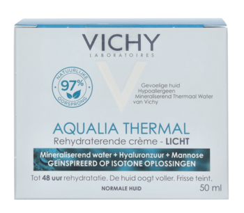Biało-niebieskie opakowanie kremu Vichy Aqualia Thermal, lekki krem nawilżający z kwasem hialuronowym, 50 ml.