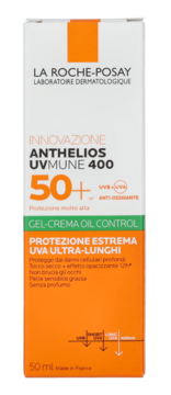 La Roche-Posay Anthelios UVMune 400 SPF 50+ żel-krem oil control w białym opakowaniu z pomarańczowym spodem, widok z przodu.