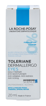 La Roche-Posay Toleriane Dermallergo Eyes 20 ml, białe opakowanie nawilżającego kremu pod oczy, widok z przodu.
