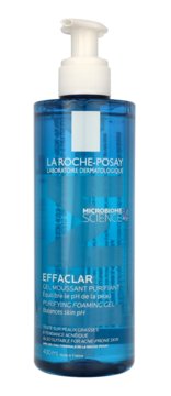 Niebieska butelka La Roche-Posay Effaclar Purifying Foaming Gel 400ml z pompką, do skóry trądzikowej, widok z przodu.