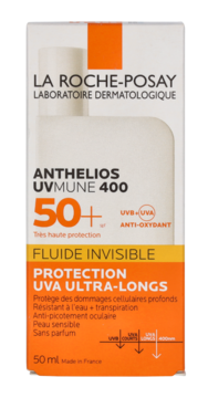 Opakowanie La Roche-Posay Anthelios UVMune 400 SPF 50+ fluid, biało-pomarańczowe, widok z przodu.