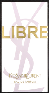 Opakowanie perfum YSL Libre Eau De Parfum w białym kartoniku ze złotymi napisami, widok z przodu.