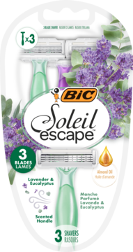 Opakowanie 3 maszynek BIC Soleil Escape Lawenda & Eukaliptus, zielone uchwyty, 3 ostrza, na białym tle z lawendą.
