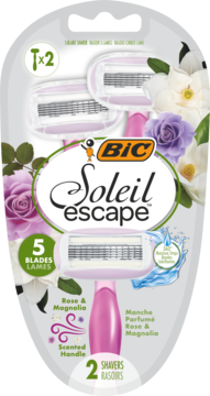 Dwie różowe maszynki BIC Soleil Escape, 5 ostrzy, w blistrze z różami i magnolią, widok przód.