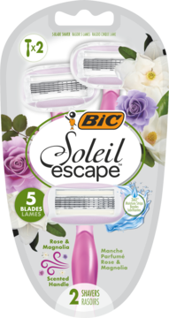 Dwie różowe maszynki BIC Soleil Escape, 5 ostrzy, w blistrze z różami i magnolią, widok przód.