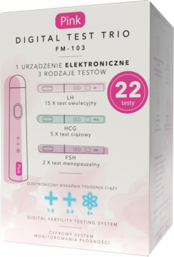 Białe opakowanie Pink Digital Test Trio FM-103, cyfrowy zestaw płodności z testami LH, HCG, FSH.
