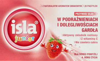 Pastylki Isla Junior na gardło dla dzieci, czerwono-białe opakowanie, truskawkowe, z witaminą C, bez cukru.