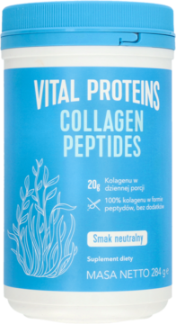 Biała tubka Vital Proteins Collagen Peptides, neutralny smak, niebieska etykieta z roślinnym motywem, widok z przodu.