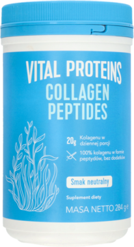 Biała tubka Vital Proteins Collagen Peptides, neutralny smak, niebieska etykieta z roślinnym motywem, widok z przodu.