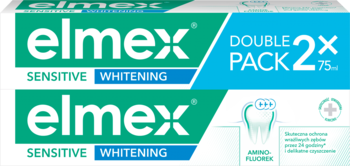 Dwa opakowania Elmex Sensitive Whitening pasta do zębów, podwójny pack 2x75ml, zielono-niebieskie, widok z przodu.
