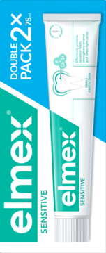 Elmex Sensitive Double Pack 2x75ml pasta do zębów dla wrażliwych zębów, niebieskie pudełko z tubką, z przodu.