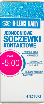 B-Lens Daily soczewki kontaktowe jednodniowe, moc -5.00, białe opakowanie 4 sztuki, widok z przodu.